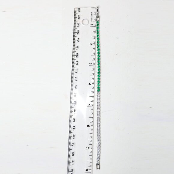 Delicate Green & Clear Rhinestone Tennis Bracelet Gemstones Silvertone - Picture 4 of 7